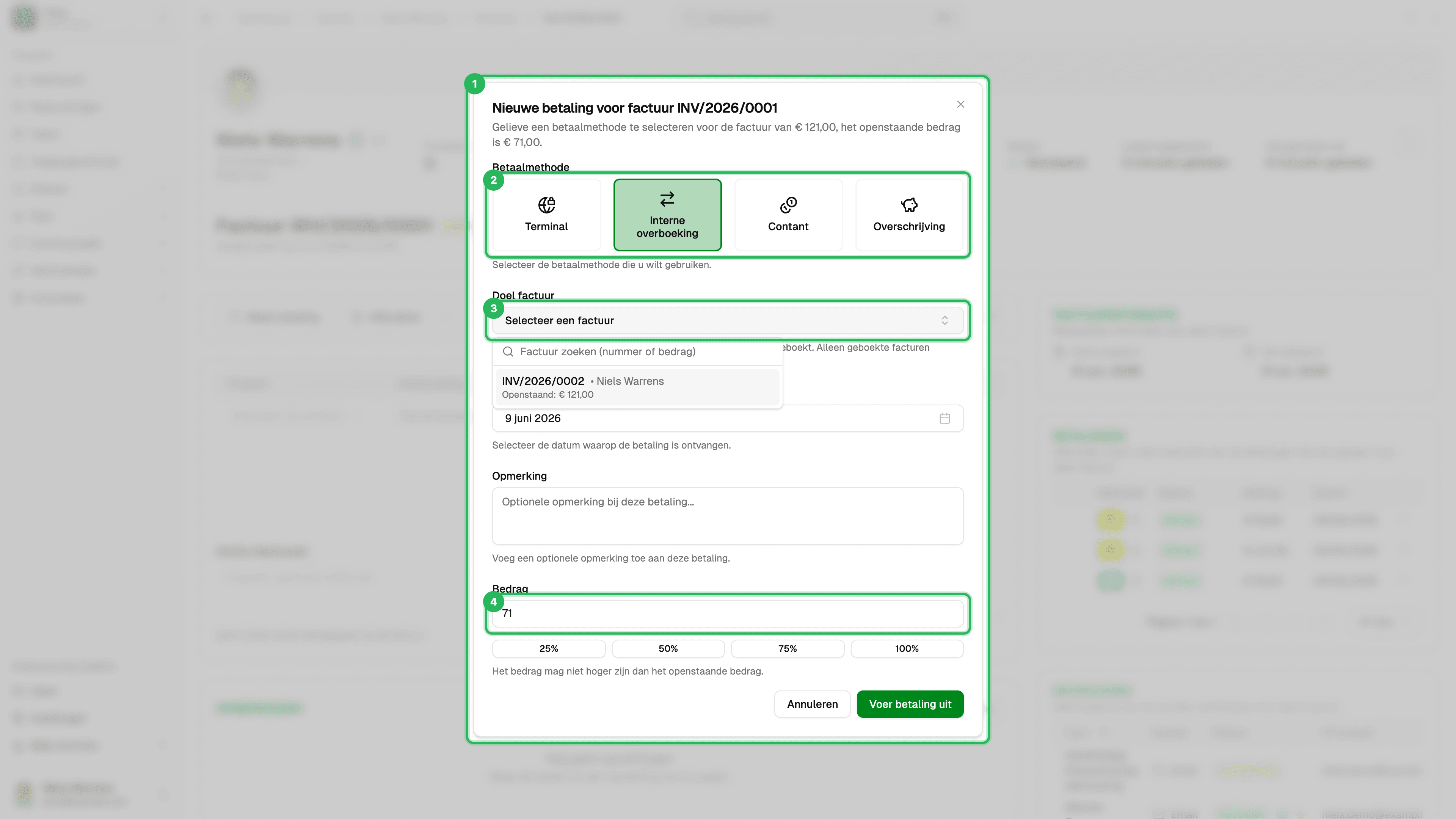 Betaaldialoog - Interne overboeking met doelfactuur dropdown open