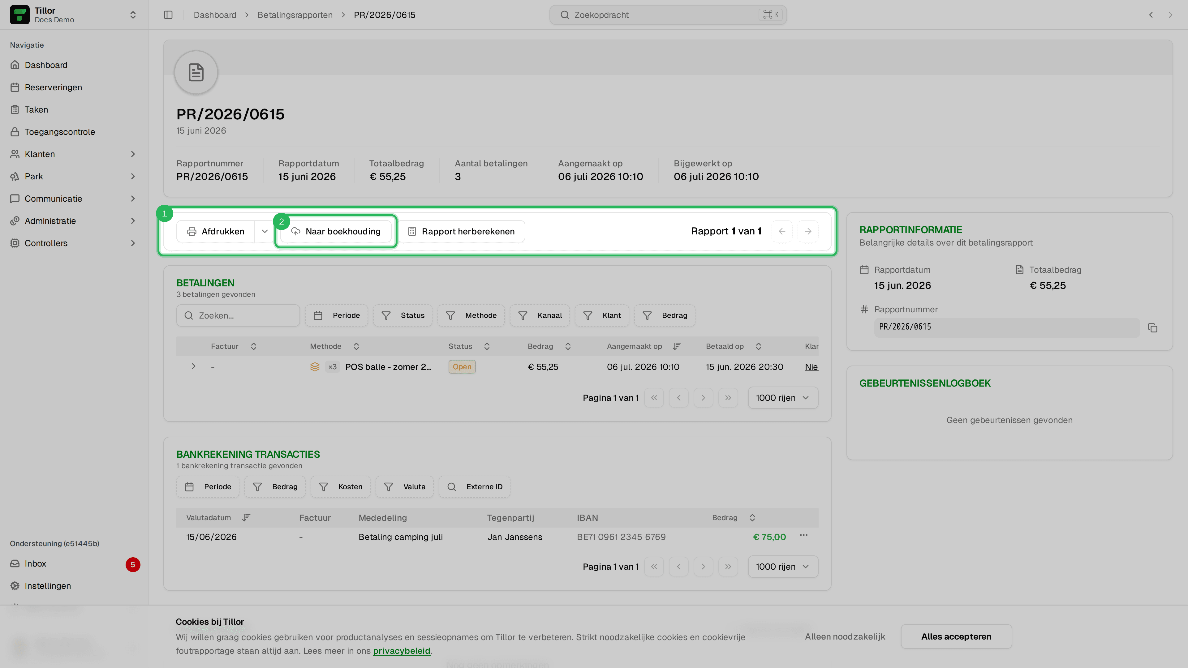 Betalingsrapportdetail - Naar boekhouding en navigatiepijlen
