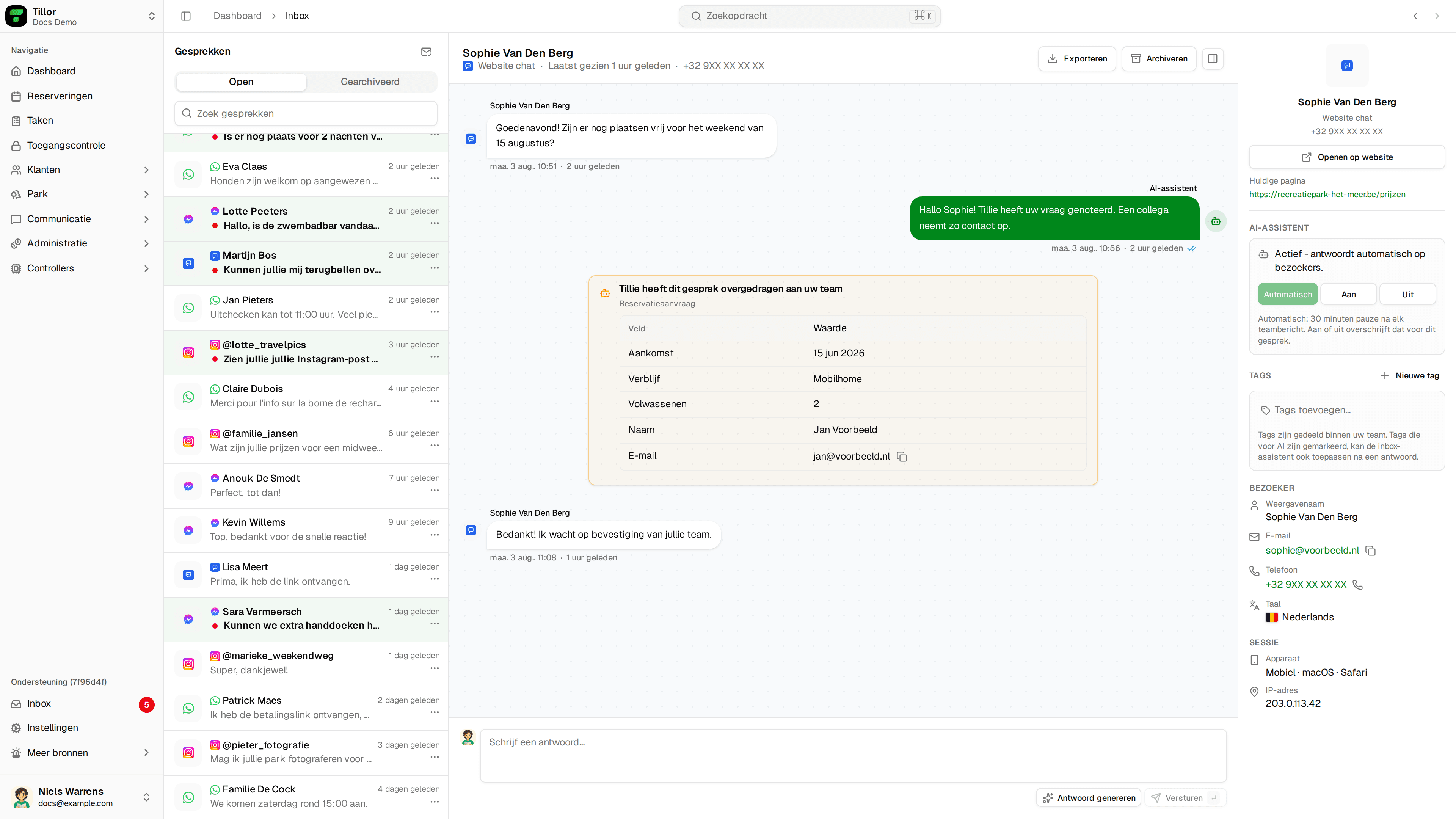 Inbox - website chat met gespreksdetails (Sophie Van Den Berg)
