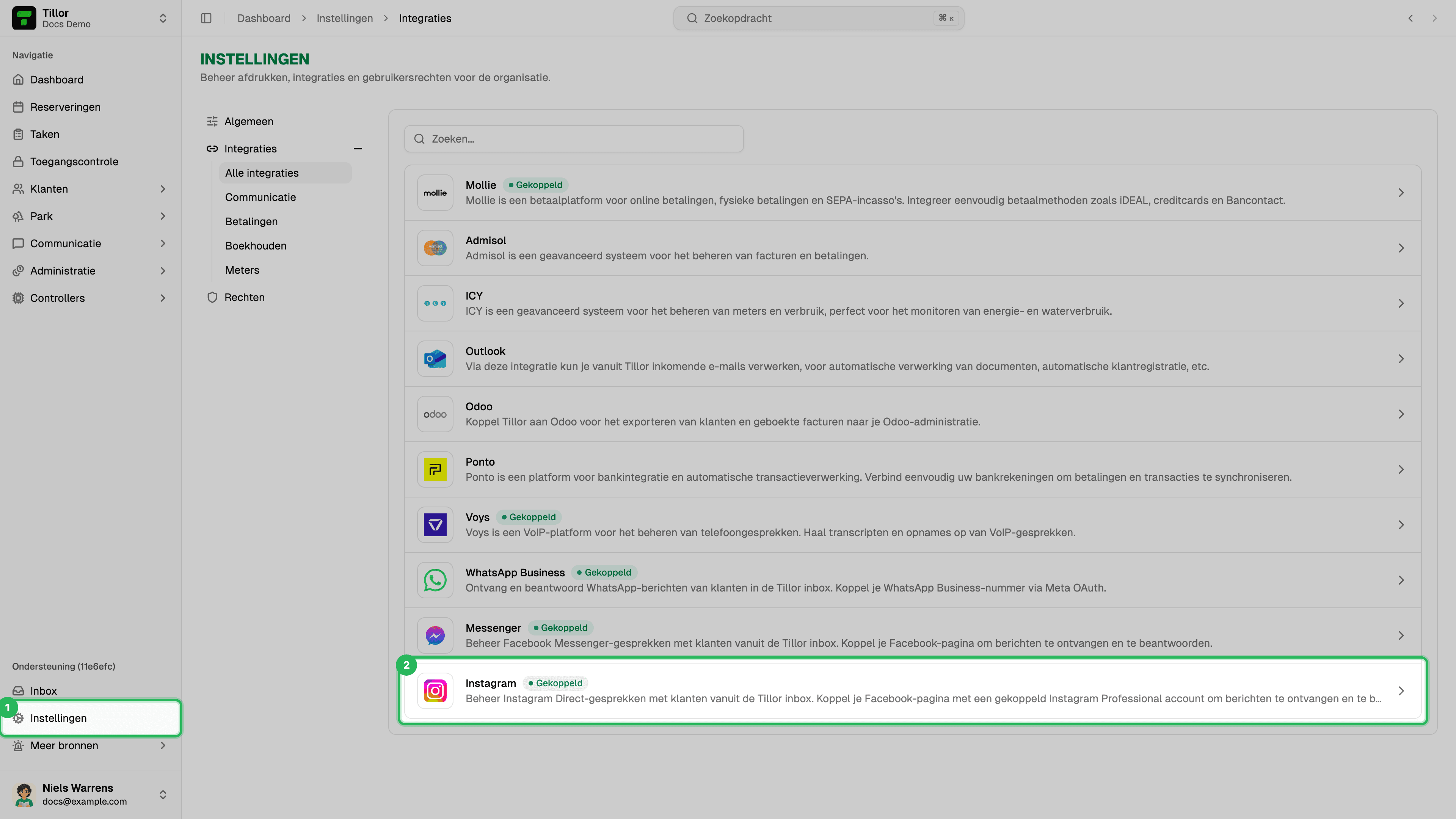 Instellingen > Integraties — Instagram in de lijst