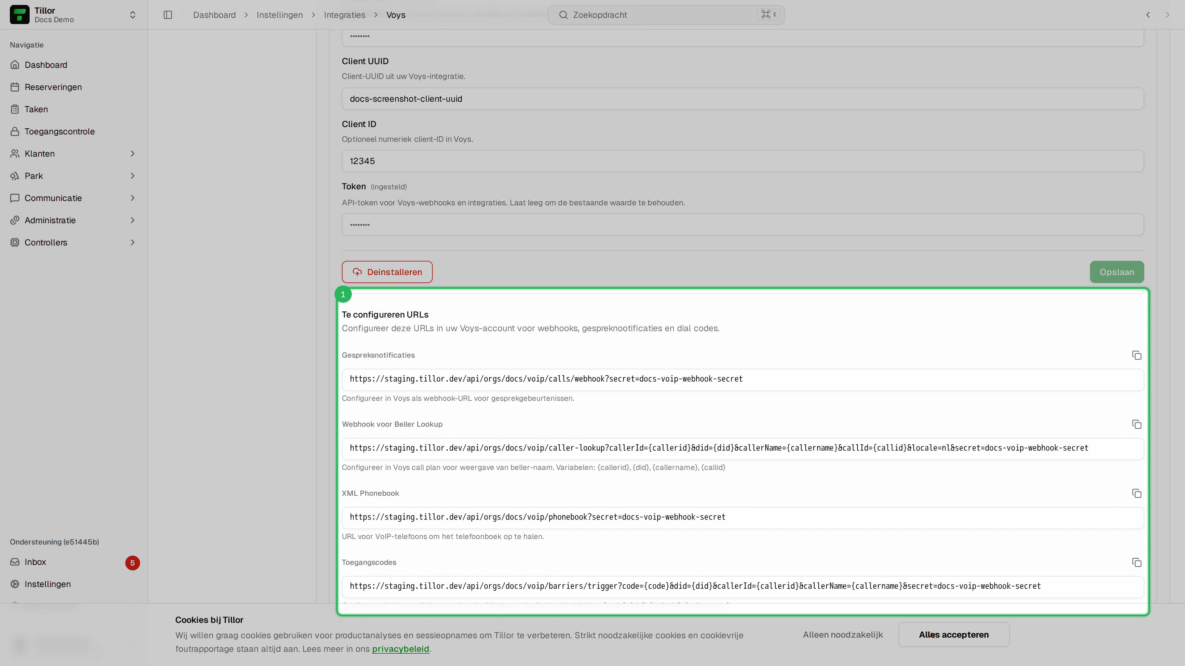 Voys detail - Te configureren URLs op de pagina