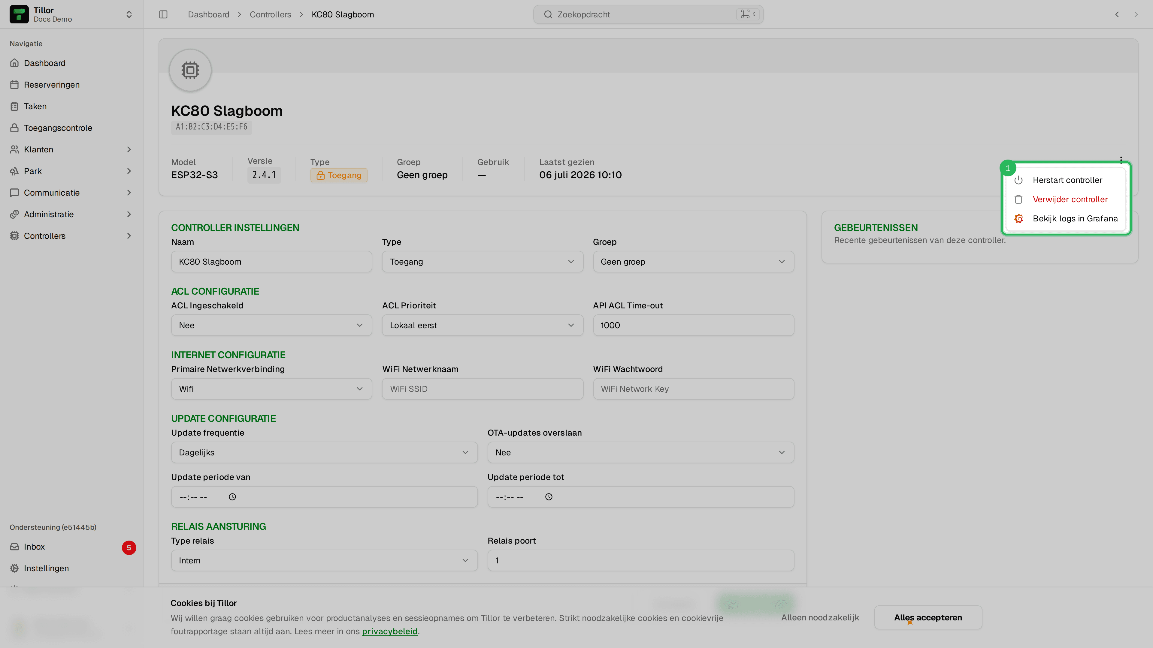 Actiemenu controller - Herstart controller