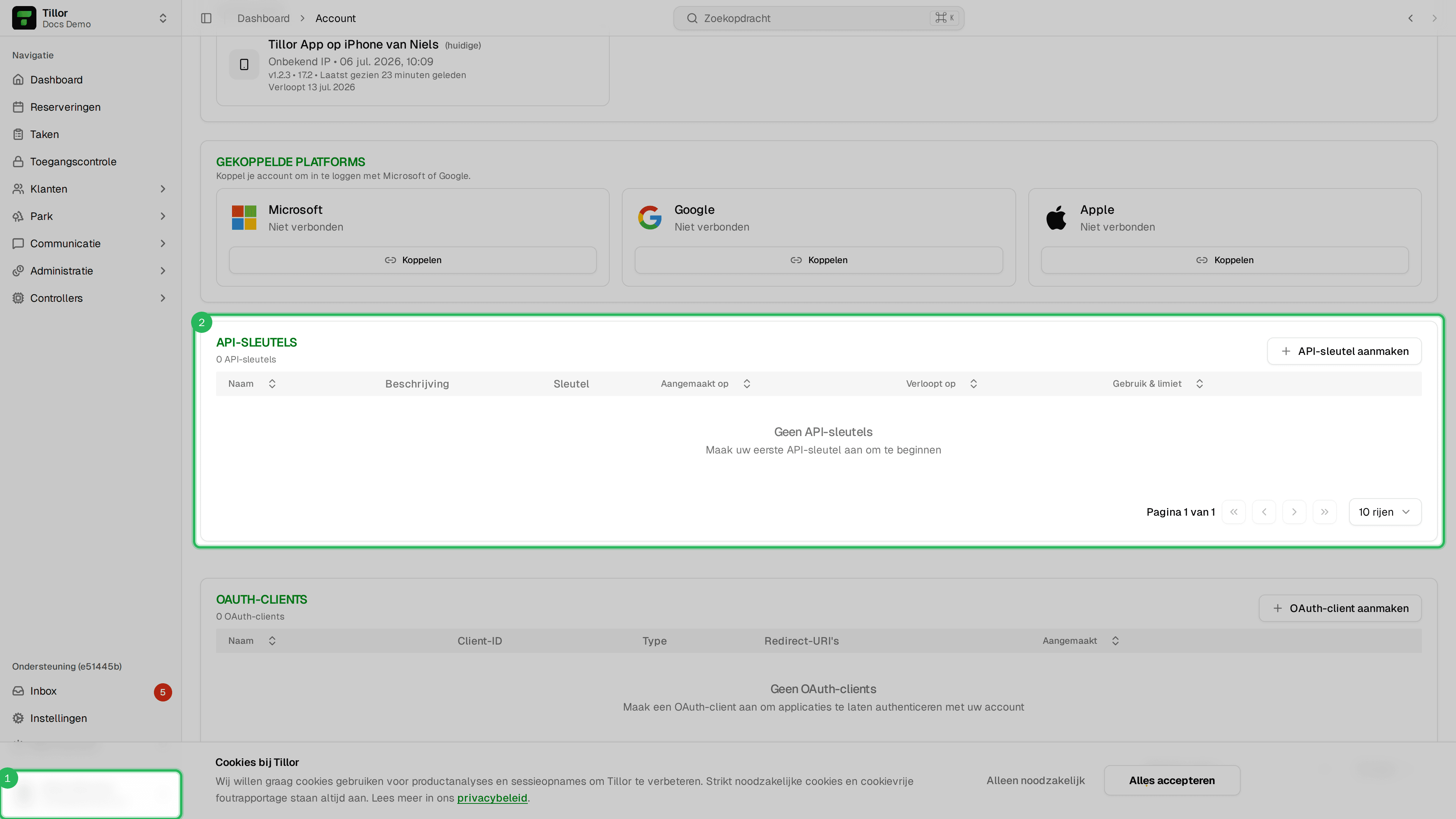 Account - API-sleutels sectie