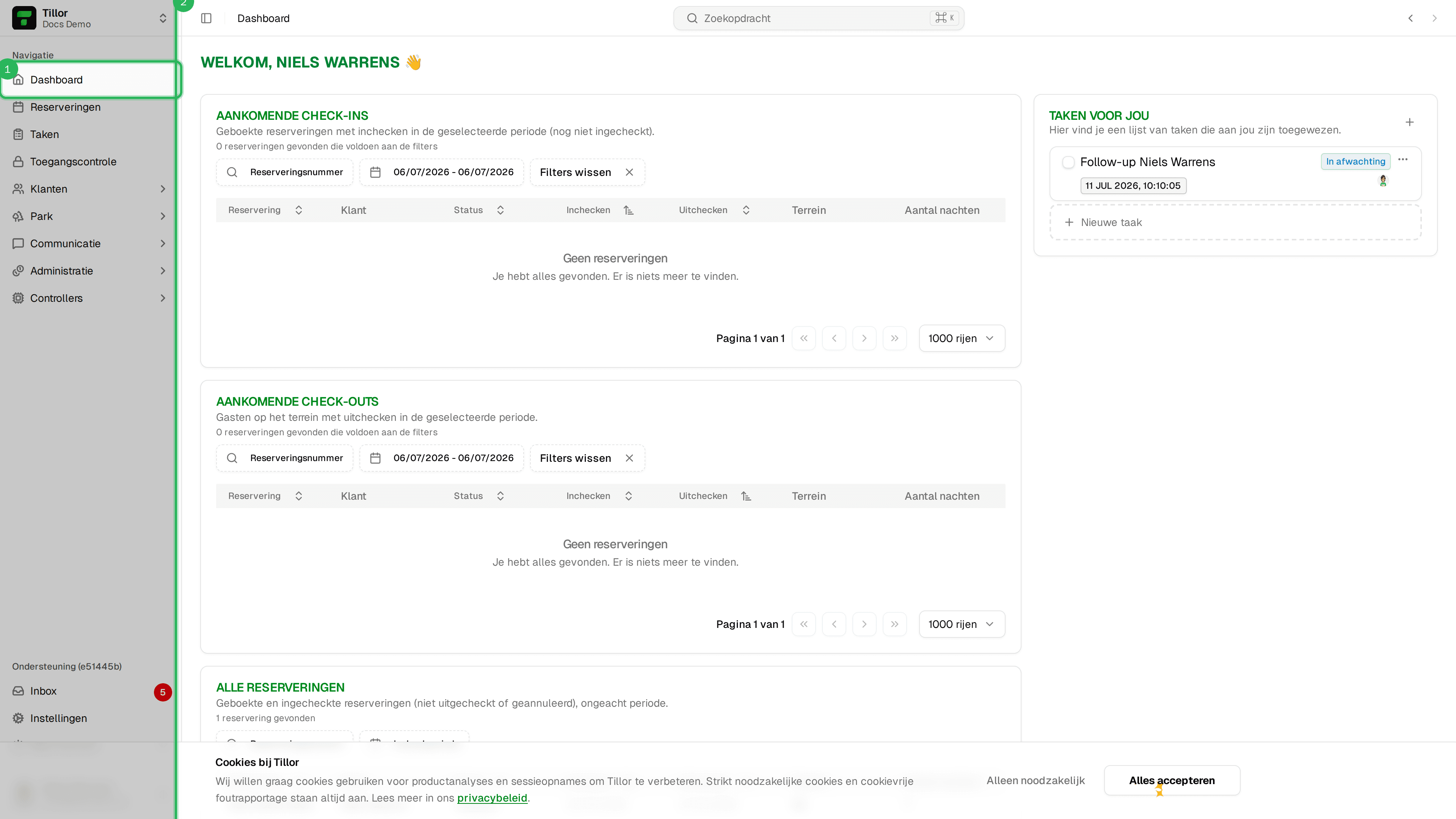 Dashboard - startscherm na inloggen