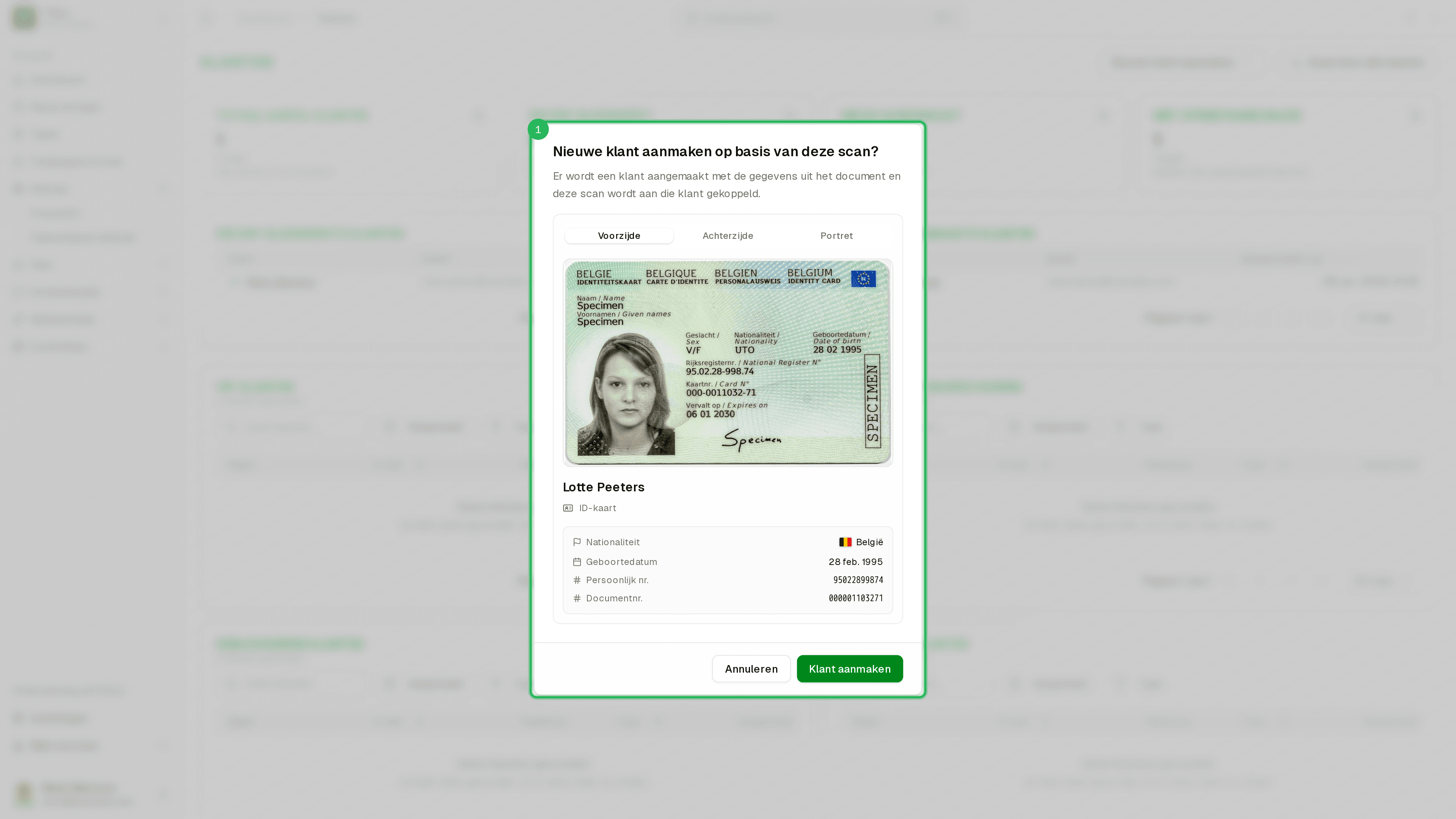 Bevestiging na keuze openstaande ID-scan - documentvoorbeeld en MRZ