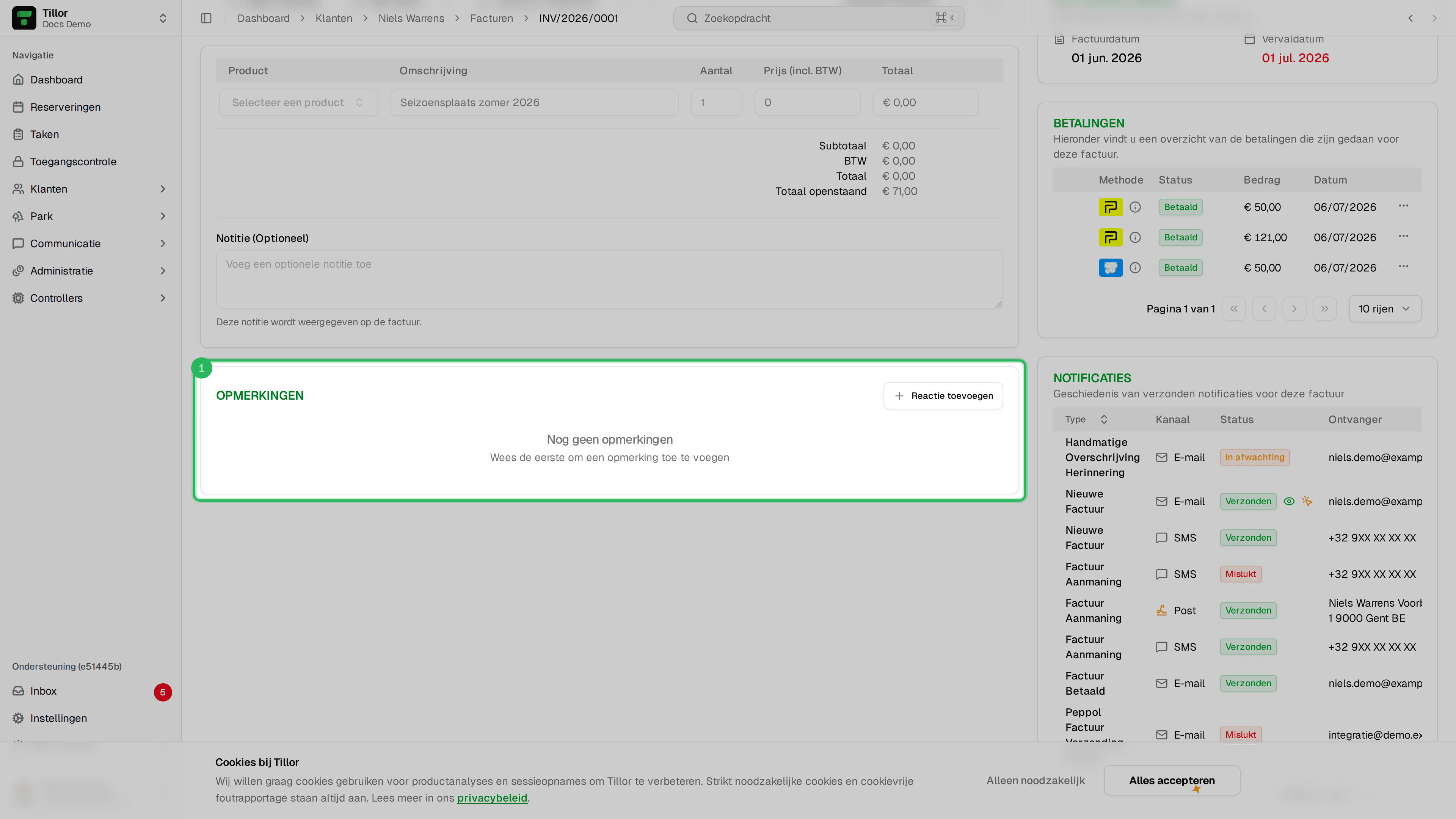 Opmerkingenkaart op factuurdetail