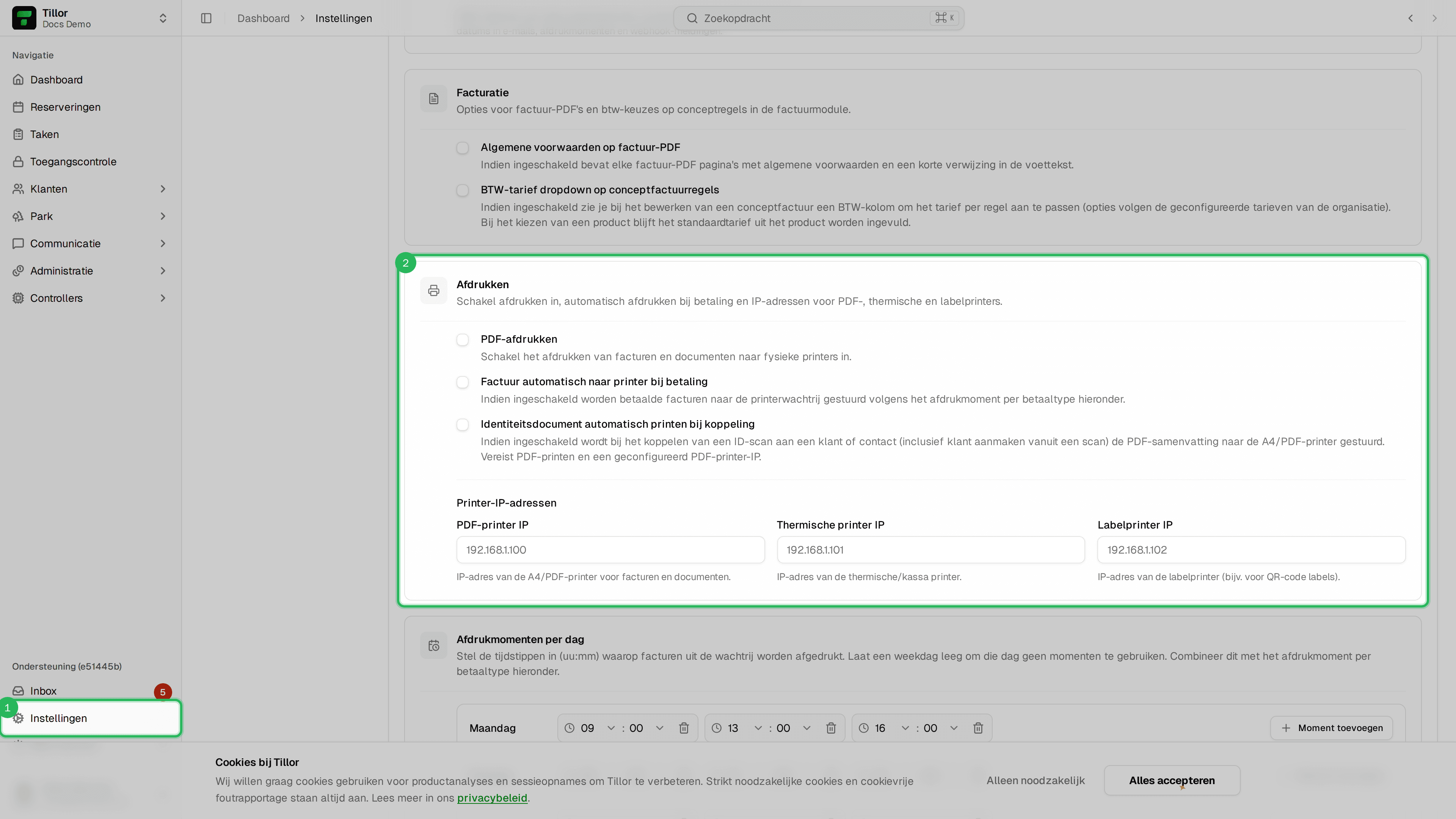 Instellingen > Algemeen - sectie Afdrukken