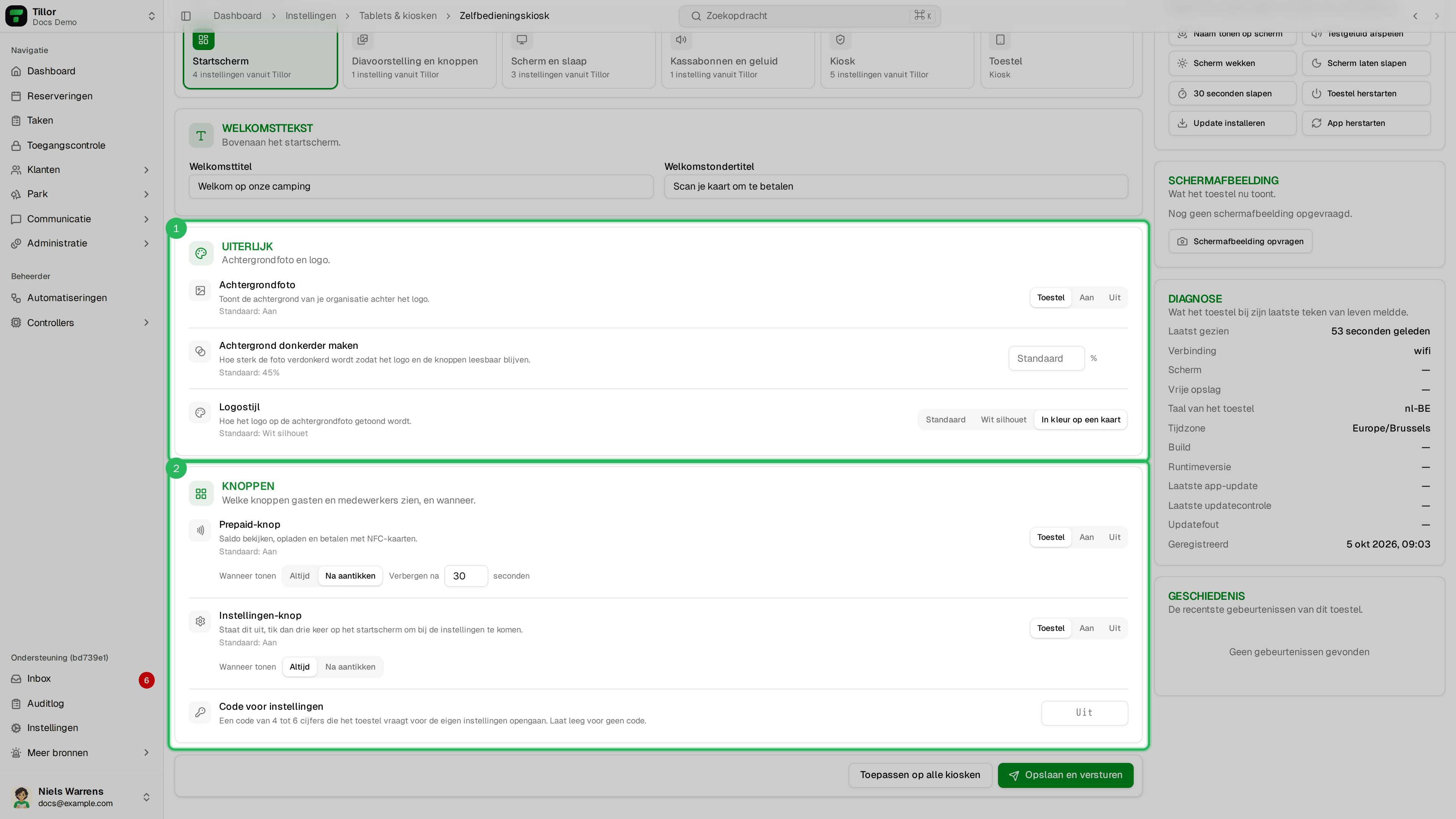 Tabblad Startscherm, met Uiterlijk en Knoppen gemarkeerd