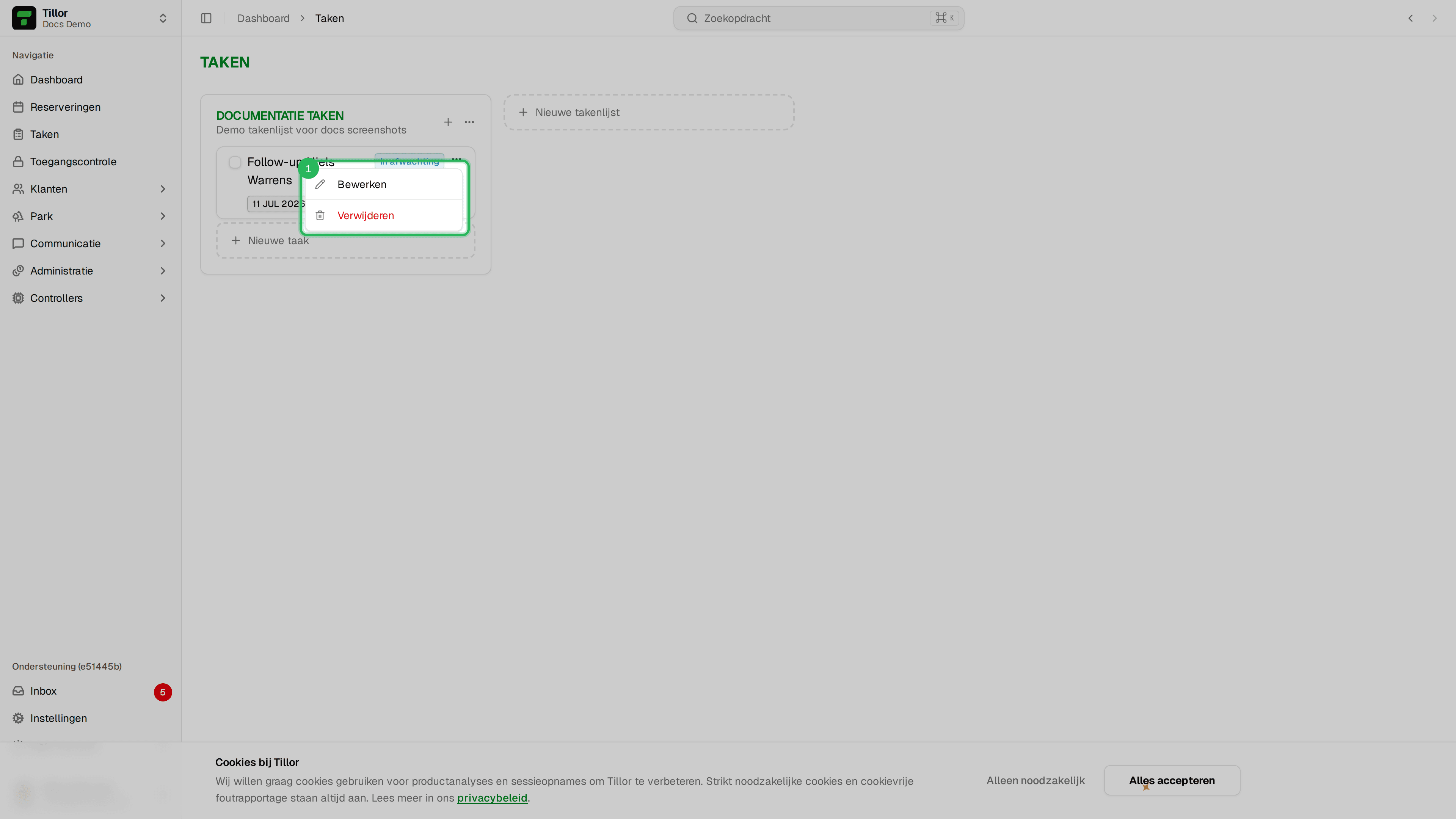 Actiemenu taak - Verwijderen